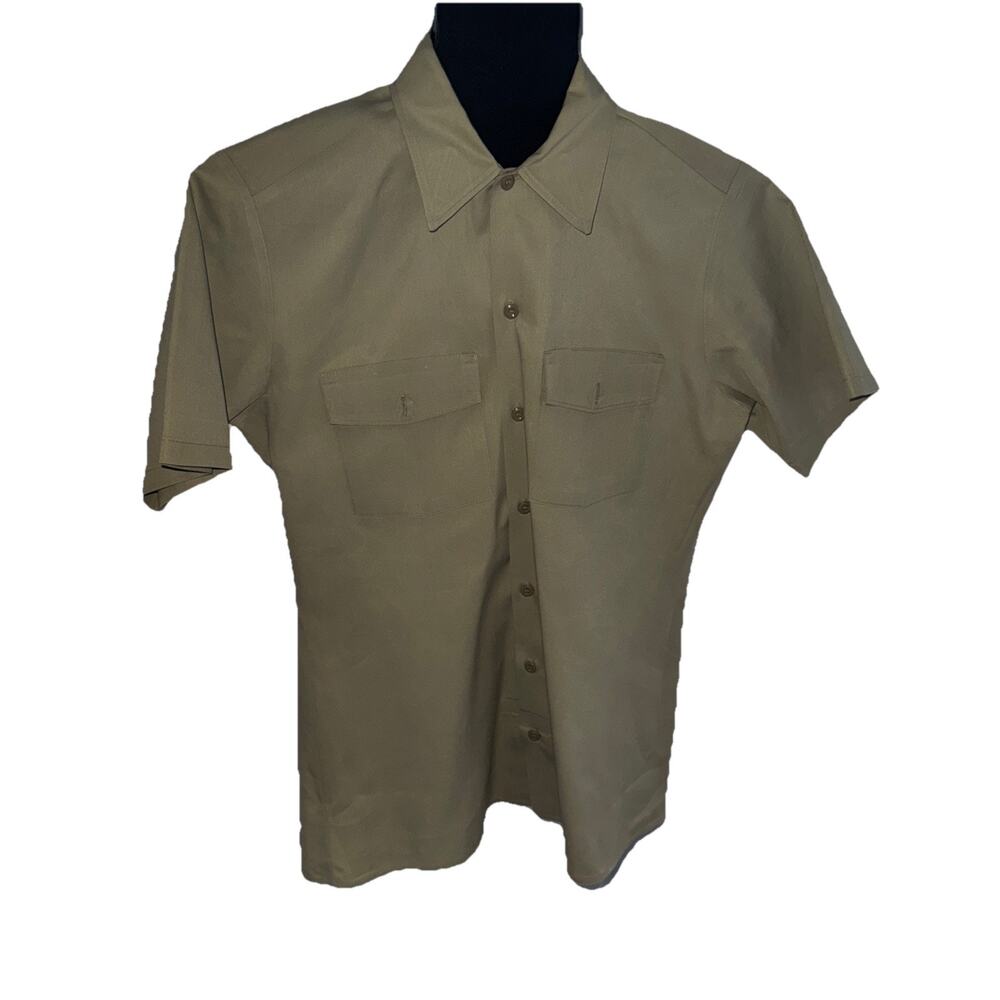 Dickies Work Shirt Tan Button Front Short Sleeve Large L Cotton Moderate Starch